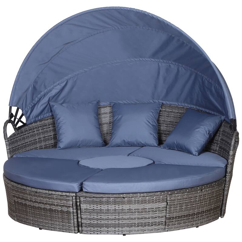 Outsunny 4-piece Cushioned Outdoor Rattan Wicker Round Sunbed or Conversational Sofa Set with Sun Canopy