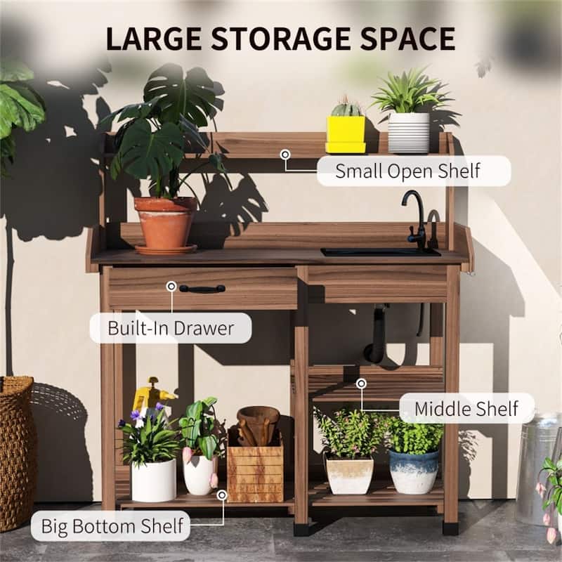 Garden Work Bench with Sink, Faucet, Storage Shelves & Hooks - 45.25" W x 17.75" D x 48.5" H