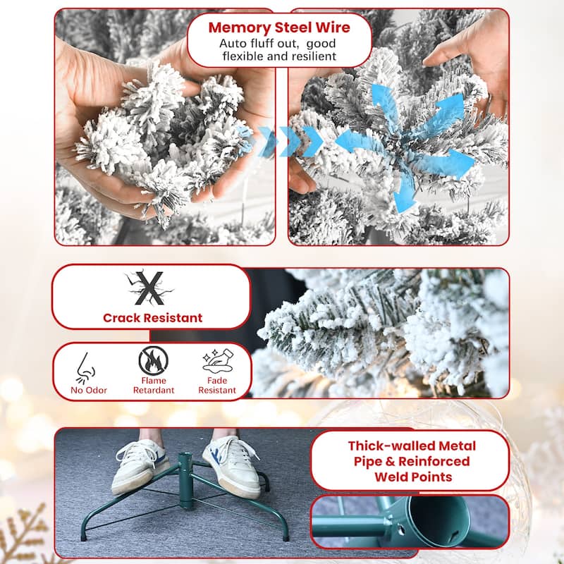 6FT Flocked Christmas Tree with Pine Cones -Snowy PVC Artificial Holiday Tree,888 Tips,36 Natural Pinecones,Sturdy Metal Stand