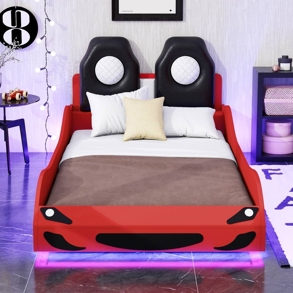 Wood Twin Size Race Car-Shaped Kids Platform Bed with LED and Upholstered Backrest, Bedroom Floor Bed Wood Frame for Kids Teens