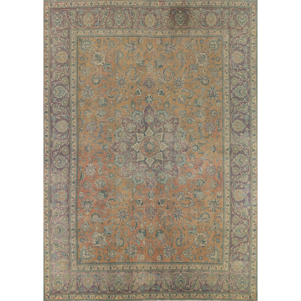 Orange Medallion Tabriz Persian Vintage Rug Hand-Knotted Wool Carpet - 9'9"x 12'9"