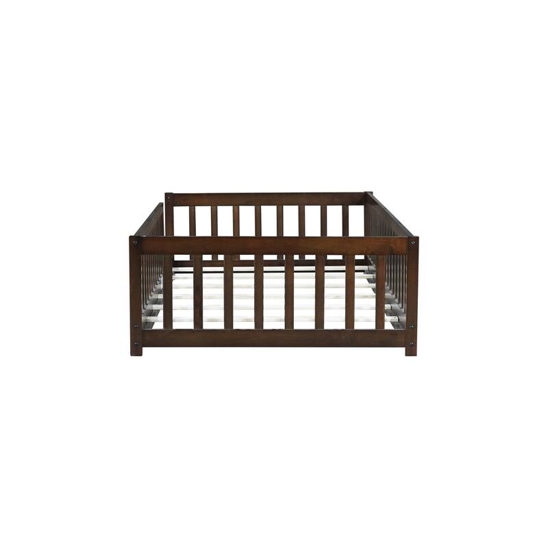 Roomfitters Twin Rubber Wood Floor Bed with Fence, Safety Guardrails, Low Profile Platform Design