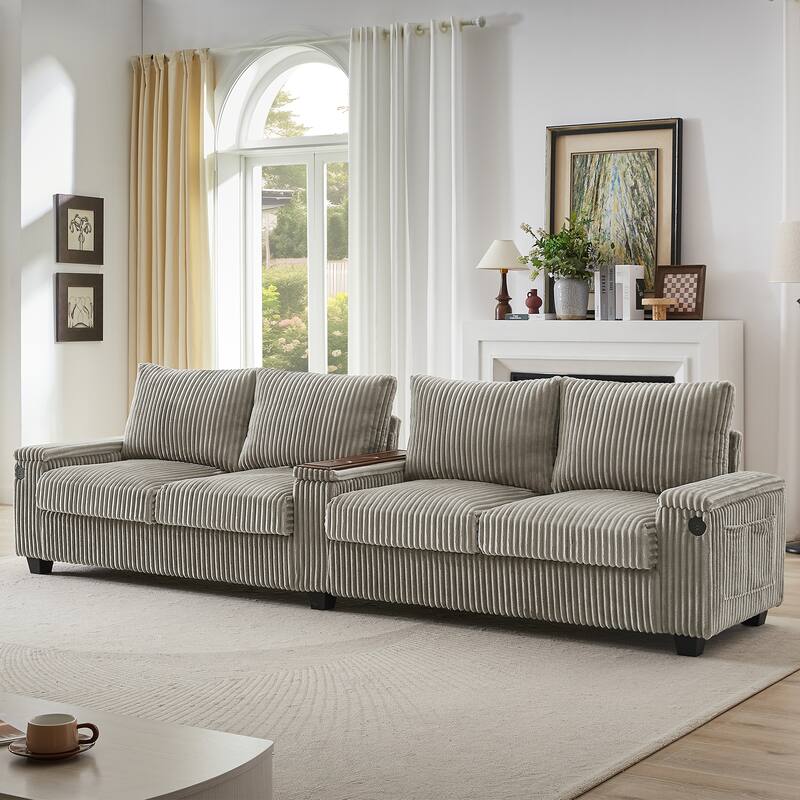 133-In Corduroy Sectional Sofa with USB Ports, Hidden Storage Arms, Flip-Top Cup Holders