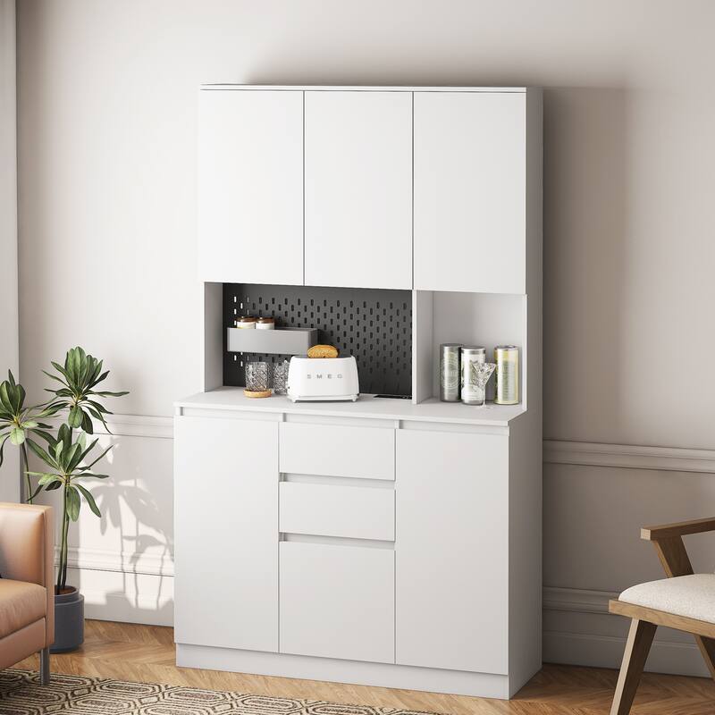 Roomfitters 74" Kitchen Pantry Cabinet with Charging Station & USB Ports, Large Food Storage Cupboard, Microwave Stand
