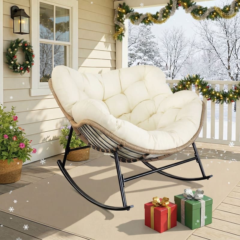 FINCATI Outdoor Royal Rocking Papasan Chair, Luxury Cozy Outdoor Rocking Chair, 450 lbs Indoor Extra Large Recliner Chair