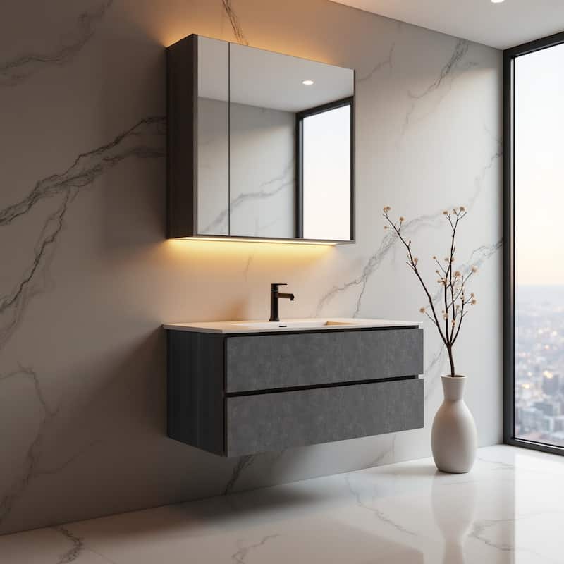 Floating Bathroom Vanity 24"-48" – Cement Gray Finish, White Integrated Sink