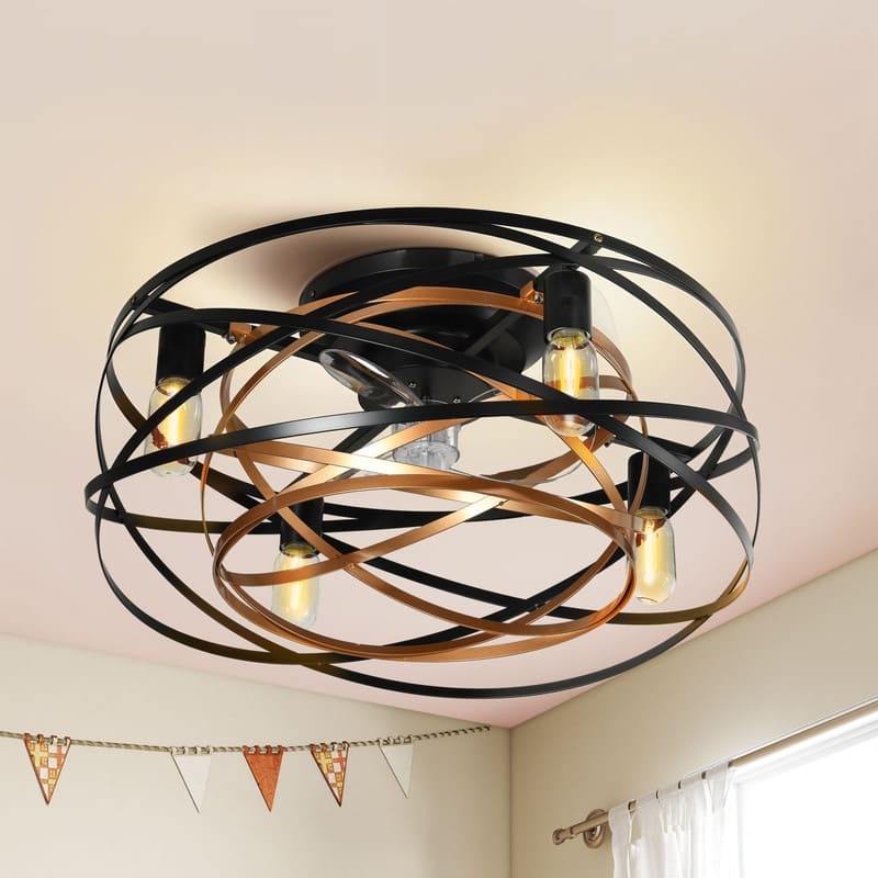 22'' Low Profile Ceiling Fans with Lights and Remote Control, 6 Speeds Caged Flush Mount Ceiling Fans - Black