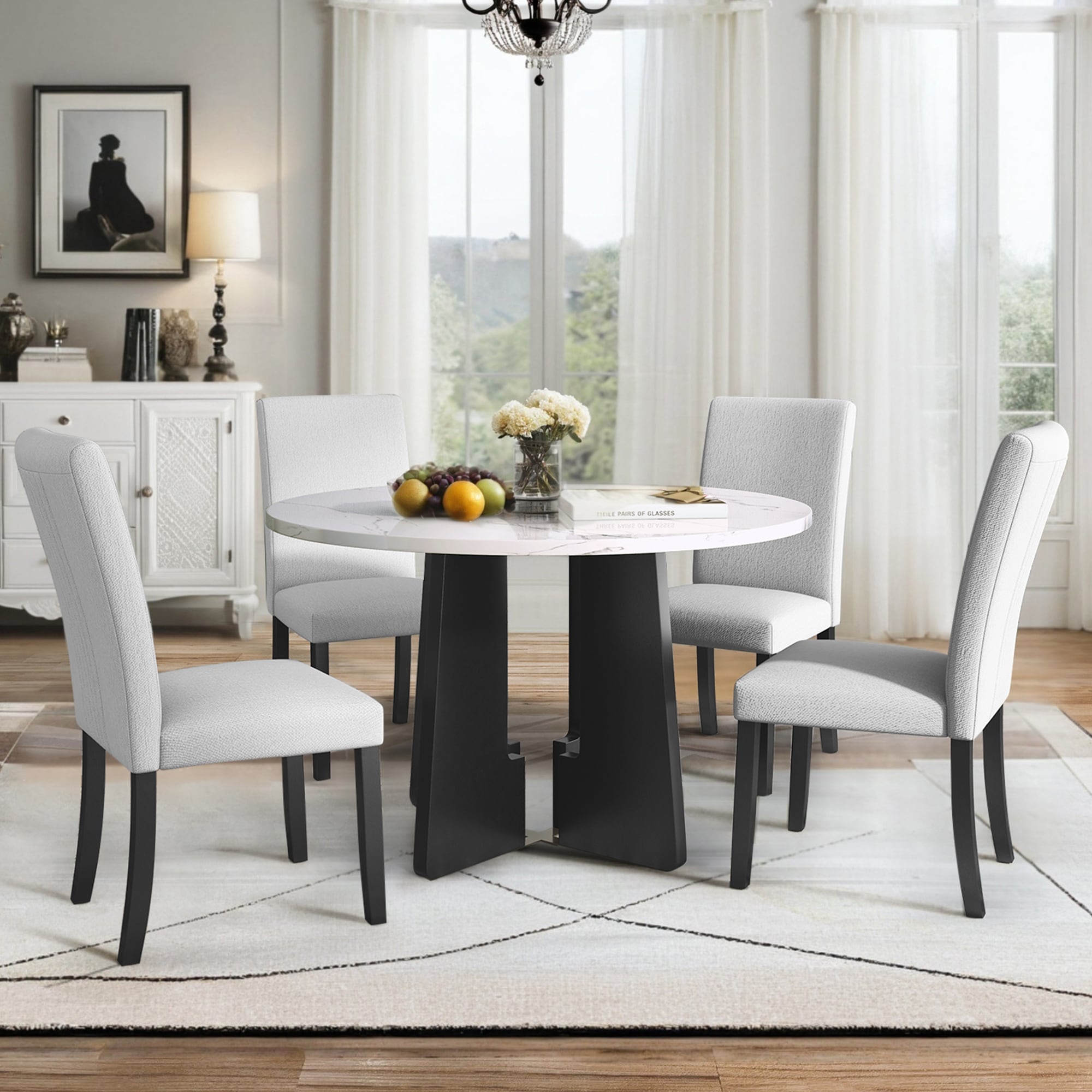 5 Piece Round Dining Table Set, 43" Round Dining Table and 4 Upholstered Chairs, Faux Marble Tabletop