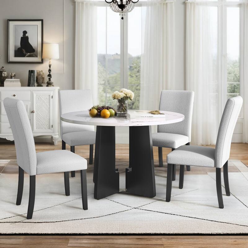 Modern 5-Piece Round Dining Table Set, Pedestal Kitchen Table Set with 4 Upholstered Chairs for Dining Room, Apartment