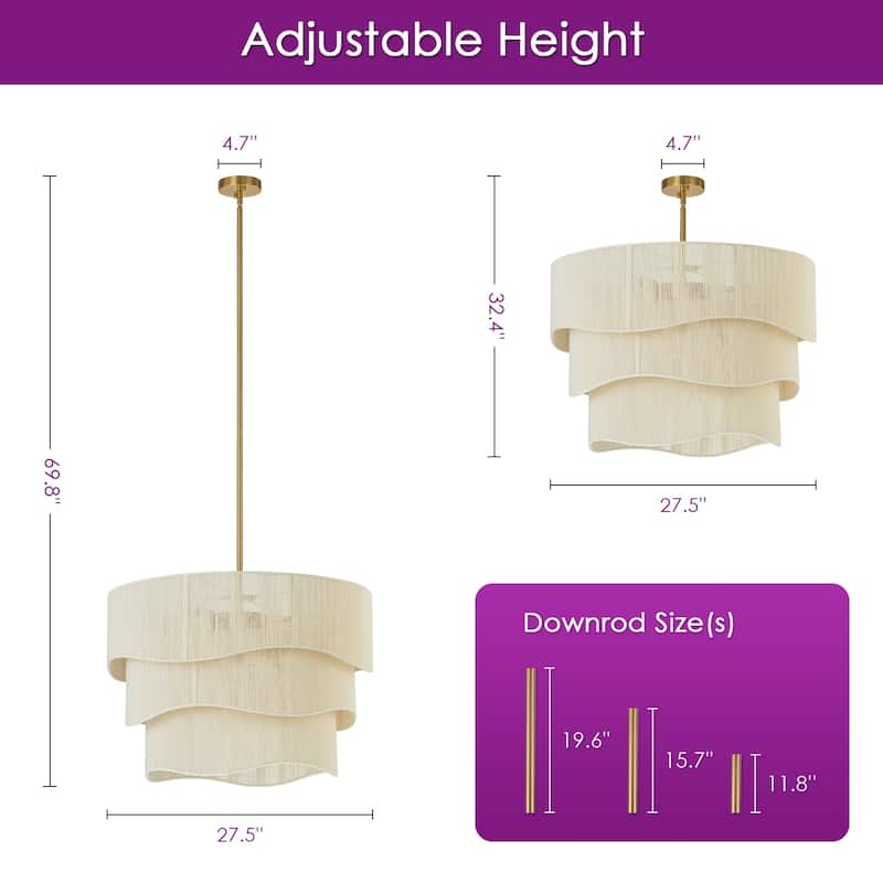 6-Light Modern Boho Large Drum Chandelier 3-Tiered Farmhouse Handwoven Ivory Rope Fabric Chandelier
