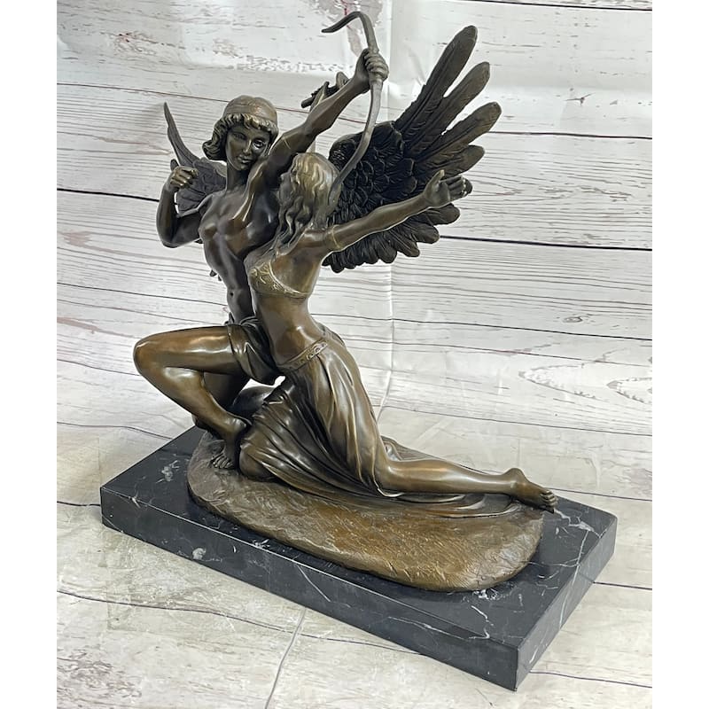 Romantic Bronze Sculpture Of Winged Lovers On Marble Base Zephyrus Psyche Mythical