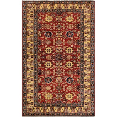 Rustic Super Kazak Amari Red/Beige Hand Knotted Wool Rug - 4'1'' x 5'10''