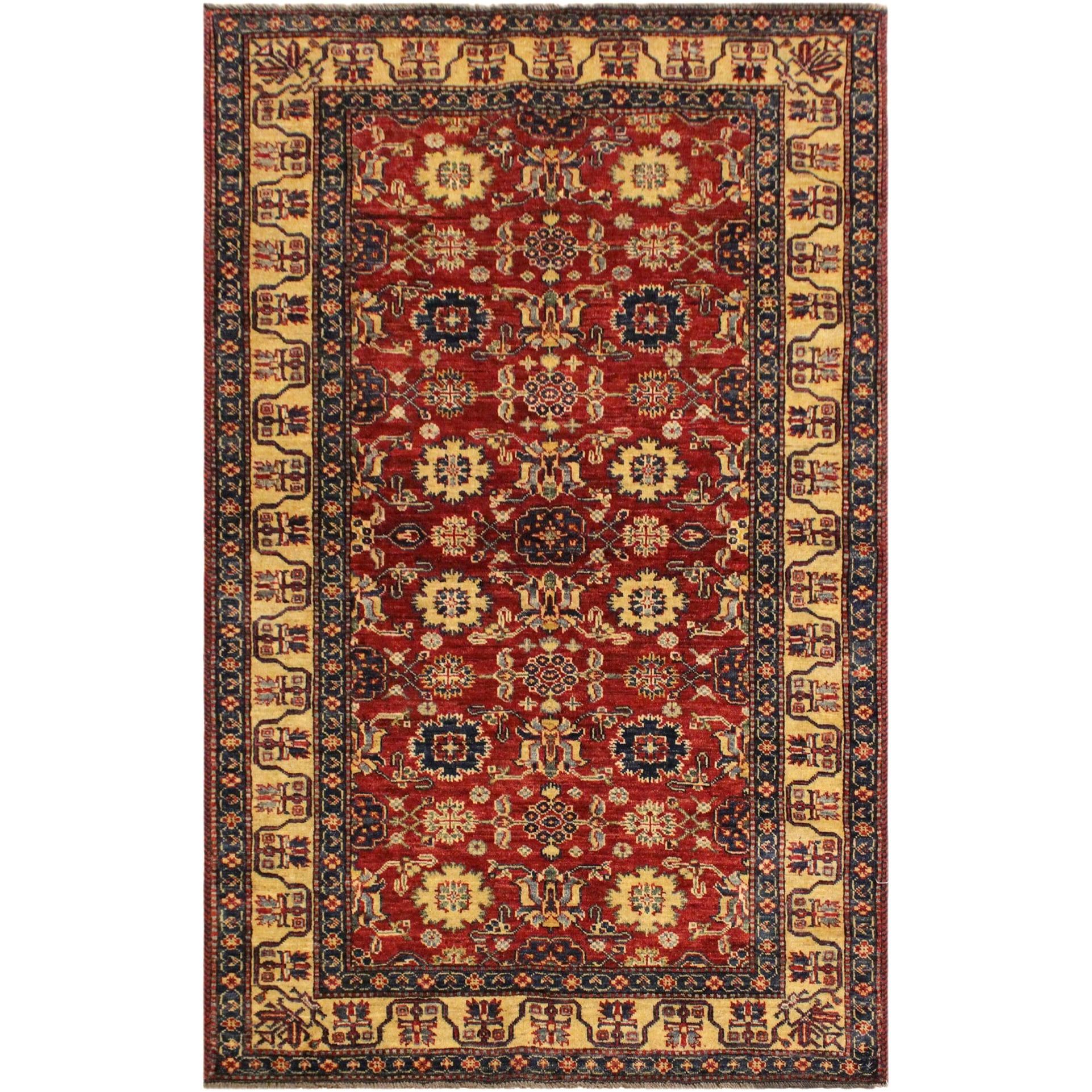 Rustic Super Kazak Amari Red/Beige Hand Knotted Wool Rug - 4'1'' x 5'10''