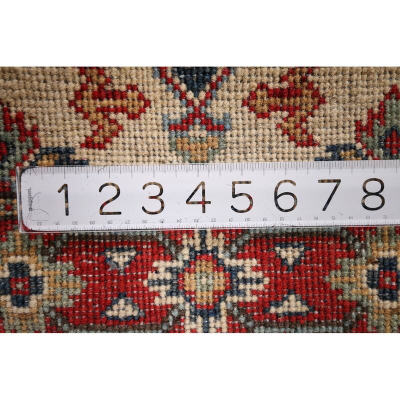 Geometric Kazak Runner Rug Hand-Knotted Beige Wool Carpet - 2'3" x 5'11"