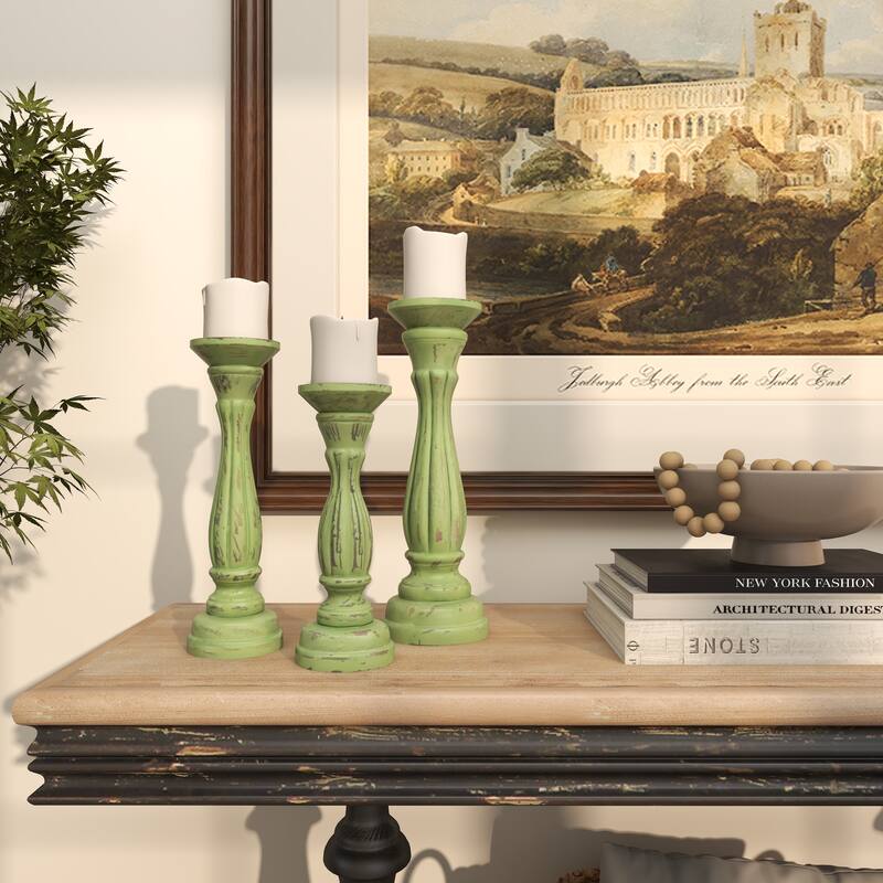 Wooden Distressed Turned Decorative Candle Holder - Set of 3 Gray, Brown, Blue, Green - Roche River Decor - Green - 15", 13", 11"H