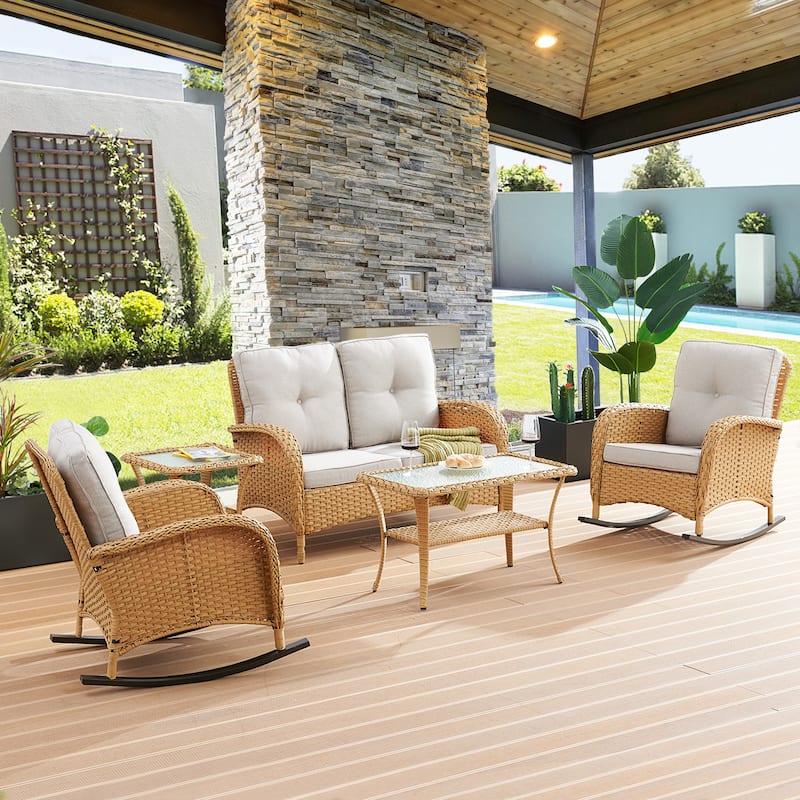 Patio Loveseat Sofa Rocking Chair Coffee Table - Beige - Yellow