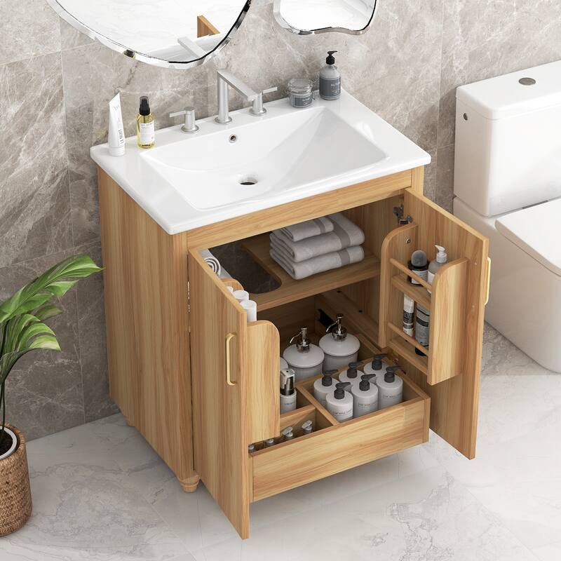 30" Bathroom Vanity with Sink Combo, Multi-functional Bathroom Cabinet with Doors and Drawer, MDF Board, Natural - Natural