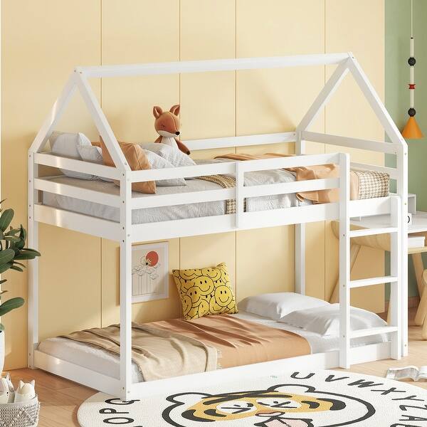 slide 2 of 11, Twin over Twin Size Rubber Wood Floor Bunk Bed with ladder and Guardrails White