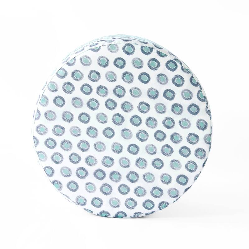 Loni Round Storage Ottoman, 19 Inch Blue Green Ikat Print, Brown