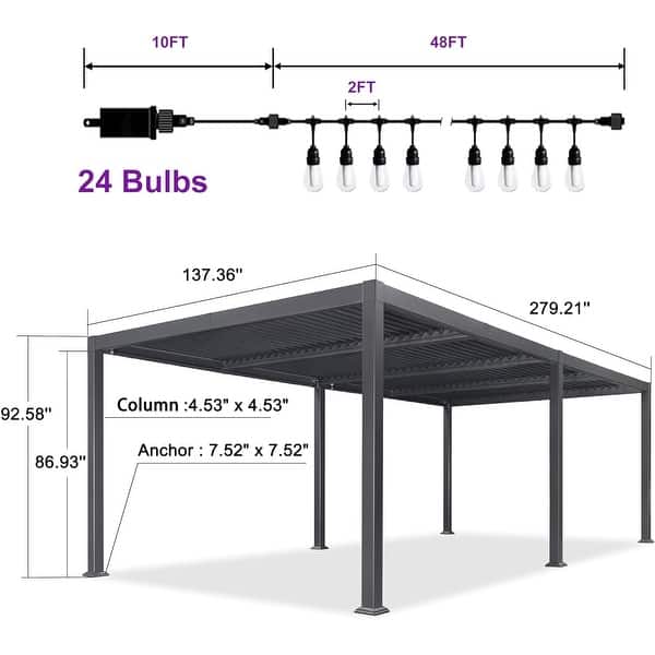 dimension image slide 16 of 36, PURPLE LEAF Outdoor Louvered Pergola with Adjustable Metal Roof for Patio Pergola