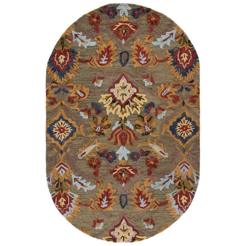 SAFAVIEH, Handmade Marietje Blossom French Country Wool Area Rug - 4' x 6' Oval - Green/Multi