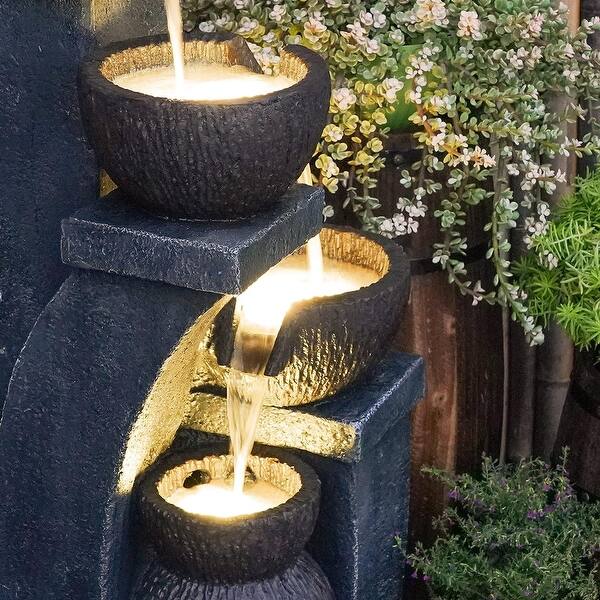 Willwolf Outdoor Curved Water Fountain With LED Lights, Electric Resin Waterfall Fountain For Garden Patio