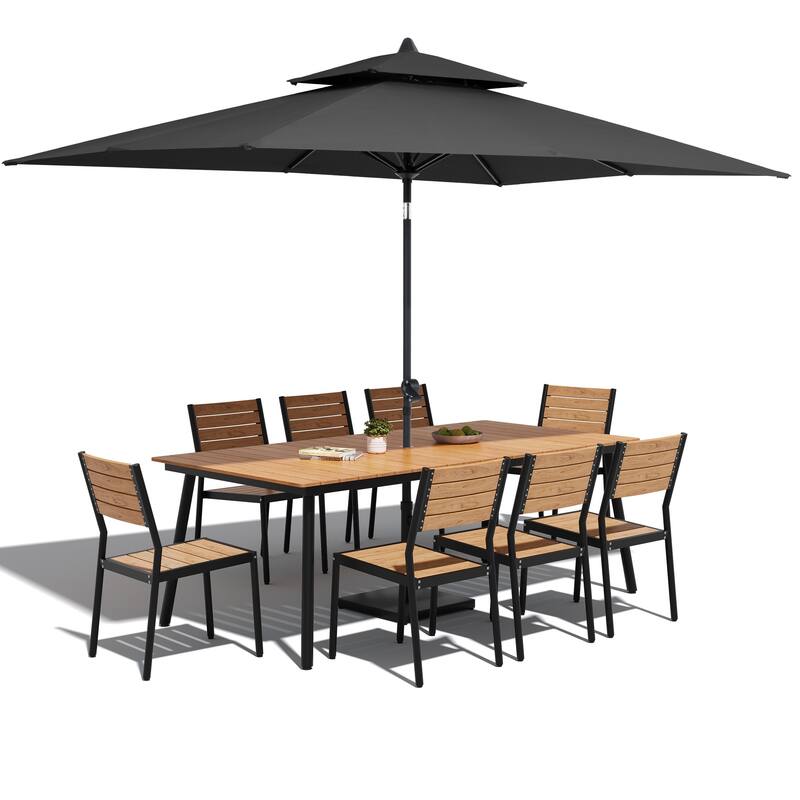 11-Piece Patio Dining Set Aluminum Table and 8 Stackable Chairs w/10 ft Umbrella and Base Stand