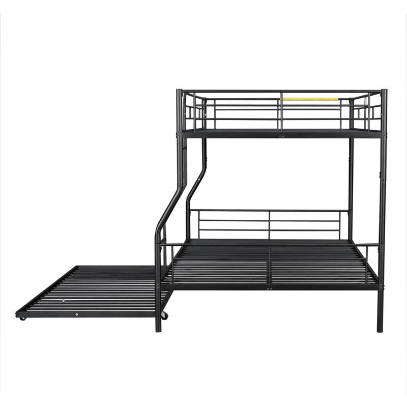 Metal Bunk Bed with Trundle and Guardrail, Convertible to Two Beds