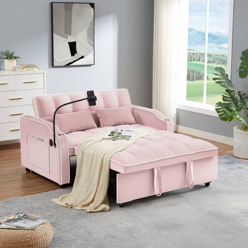 Modern Sofa Velvet Pull-out Bed, Adjustable Back and with USB port