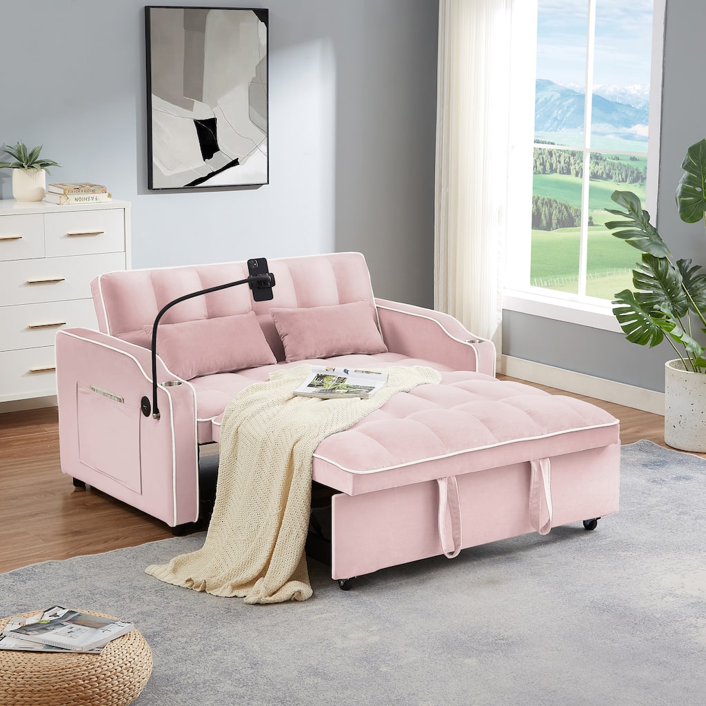 Versatile Foldable Sofa Bed Loveseat Sofa with Pull-Out Bed, USB Port and Swivel Phone Stand