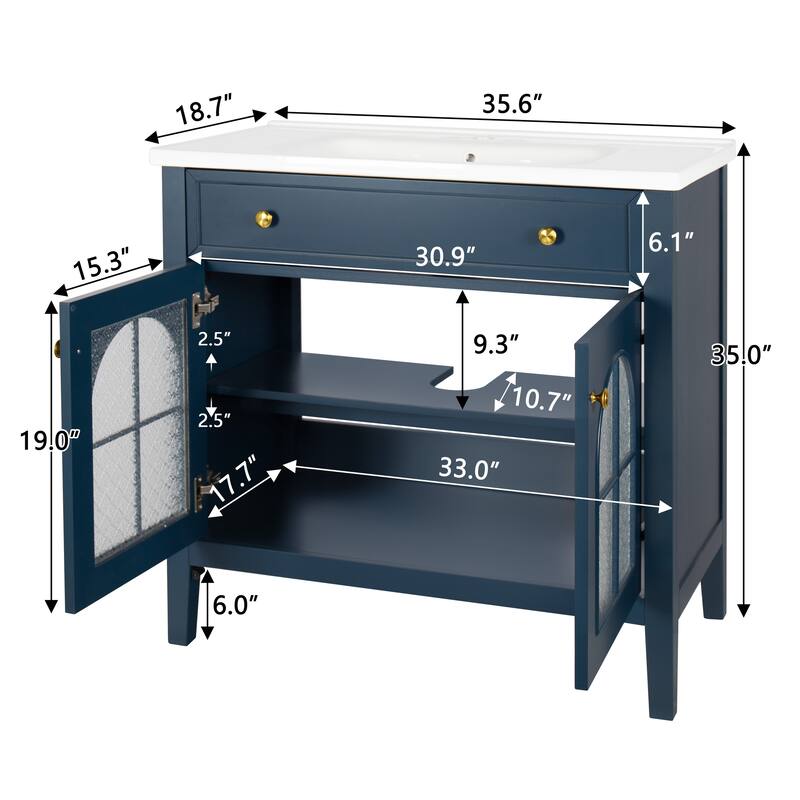 35.6-Inch Mid-Century Bathroom Vanity Sink with Patterned Glass & Motion-Sensor Light, Farmhouse Storage Vanity