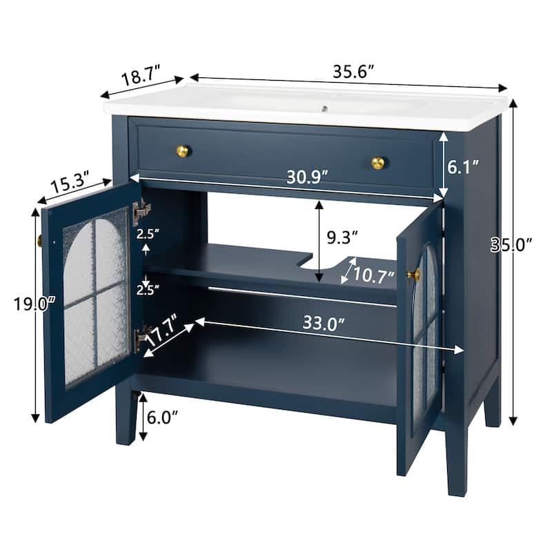 Modern Single Sink Bathroom Vanity Cabinet with Motion-sensor Light Strip & Patterned Glass, Ceramic Integrated Basin