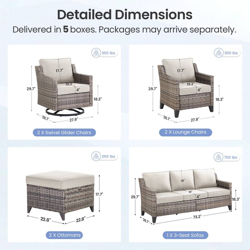 Pocassy Wicker Patio Sofa Glider Swivel Chair Ottoman Furniture Set.