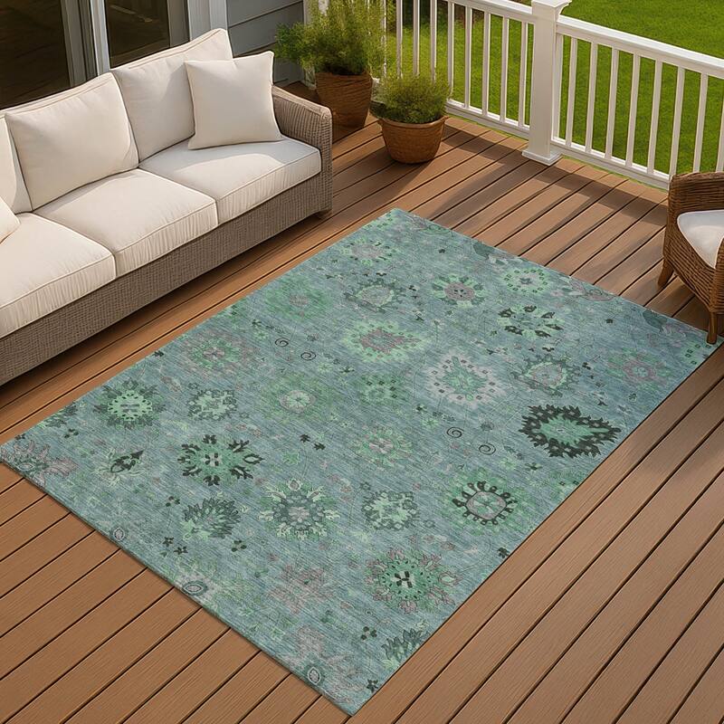 Machine Washable Indoor/ Outdoor Vintage Traditional Chantille Rug - Teal - 8' x 10'