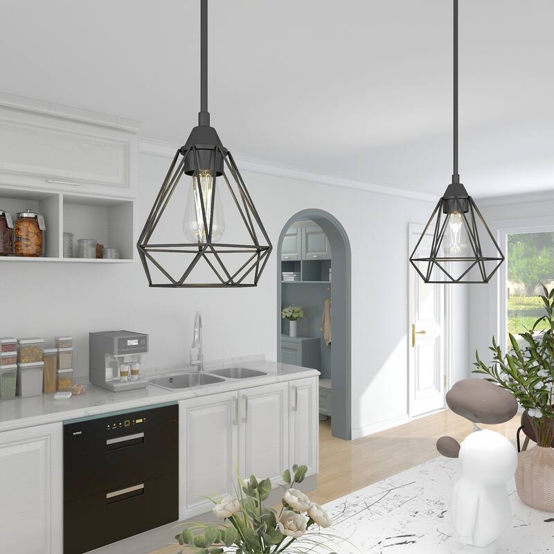 1-light pendant with black finish and steel cage shade