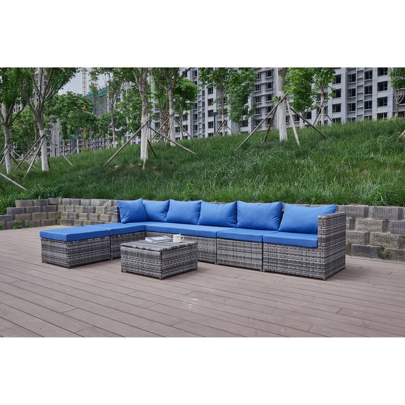 8 Pcs Patio Sectional Sofa Set, All-Weather Outdoor PE Rattan Wicker Conversation Furniture Set with Cushions and Tea Table