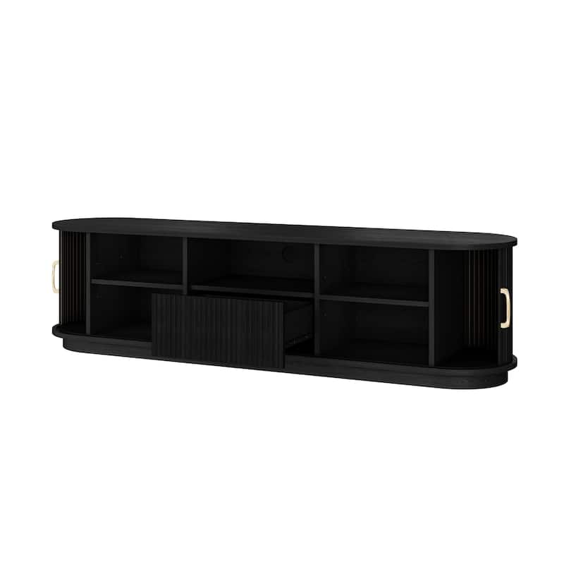 Vintage TV Stand with Sliding Wood Slatted Doors for TVs up to 75", with Drawer, Wood Grain Media Console with Cable Management