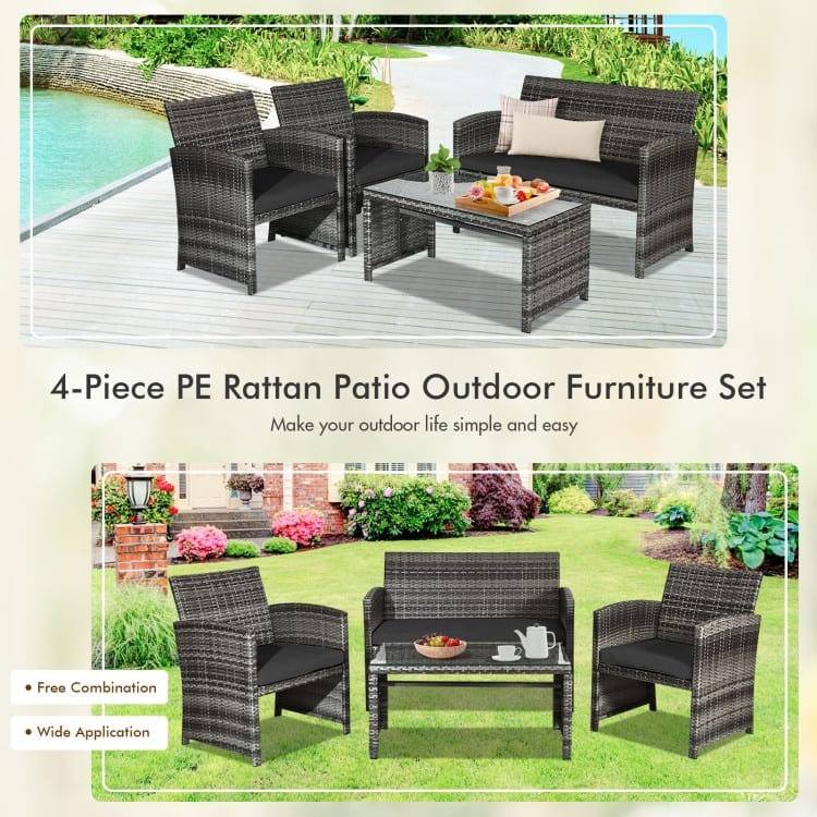 4 Pieces Patio Rattan Furniture Set with Glass Table and Loveseat - 43.5" x 25"x 31" (L x W x H)
