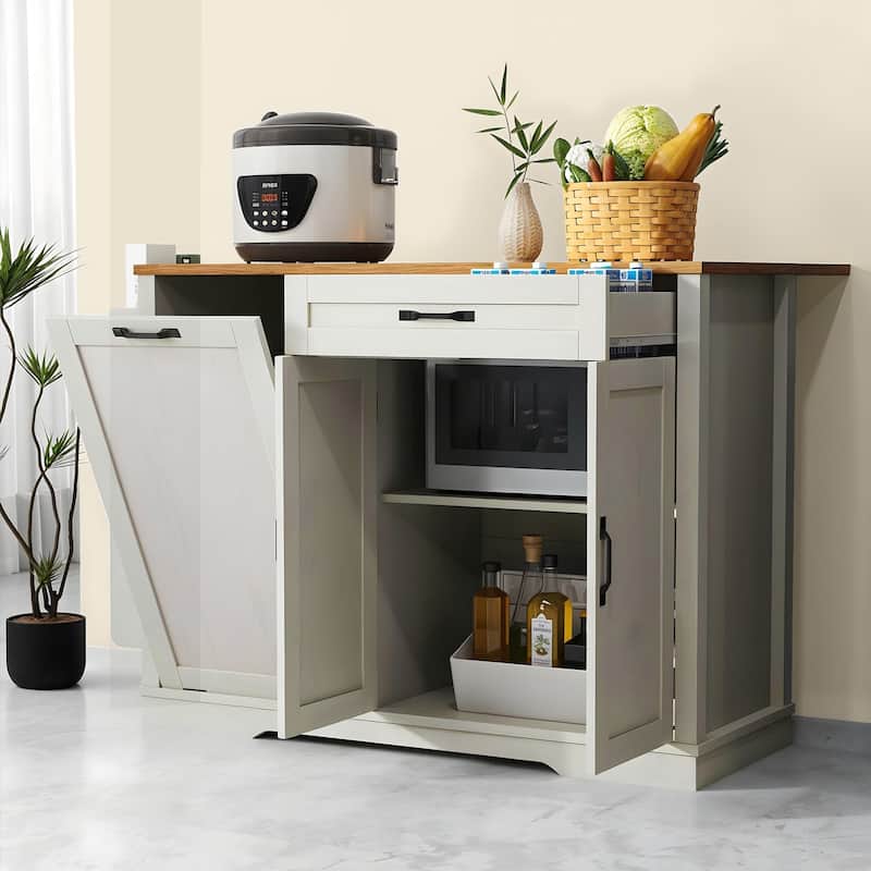Moasis 50 Inch Drop Leaf Rolling Kitchen Island With Trash Can Storage Cabinet And Drawer