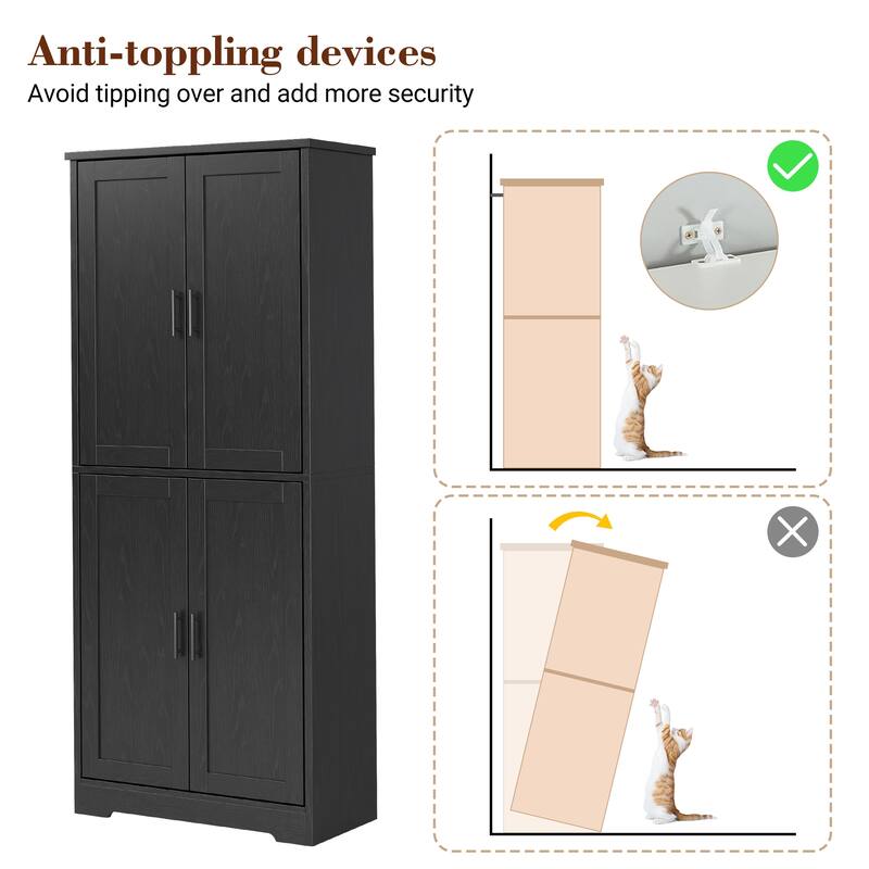 70'' Tall Kitchen Pantry Cabinet, Freestanding Storage Cabinet with 4 Doors and Adjustable Shelves