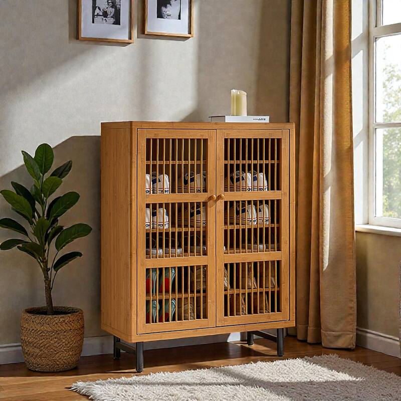 Shoe Cabinet with Shutter Doors, 6 Tier Wooden Shoe Storage Cabinet with Adjustable Shelves for Entryway Hallway - Natural