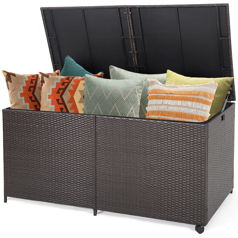 Gymax Patio 175 Gallon Rattan Wicker Storage Deck Box Container Wheels - Brown