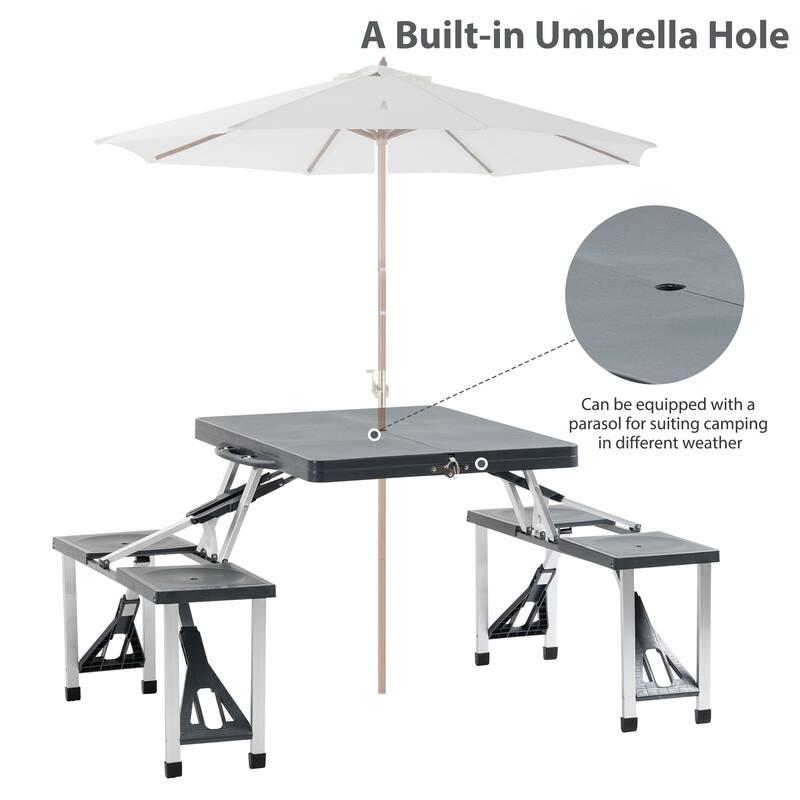 Portable Folding Picnic Table with Seats and Umbrella Hole, Multipurpose Table with Camping Chairs Set, 4-Seat, Aluminum Frame