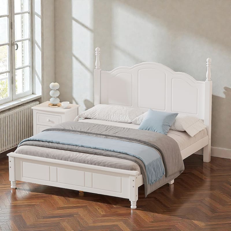 Retro Wood Platform Bed Frame with Headboard, Full Queen Bed with Wooden Slat Support, No Box Spring - White - Full