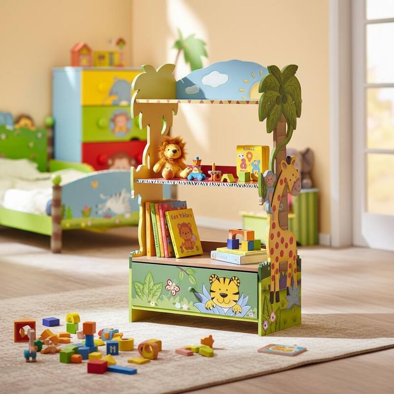 Fantasy Fields Sunny Safari Kids 3-Tier Bookshelf with Storage Drawer, Animal-Themed Wooden Bookcase for Toddlers and Children