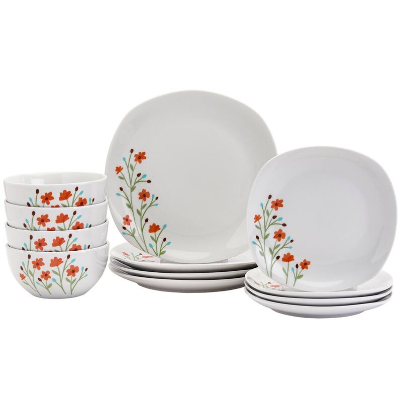 Tabletops Gallery Caroline 12 Piece Floral White Porcelain Dinnerware Set- Service for 4