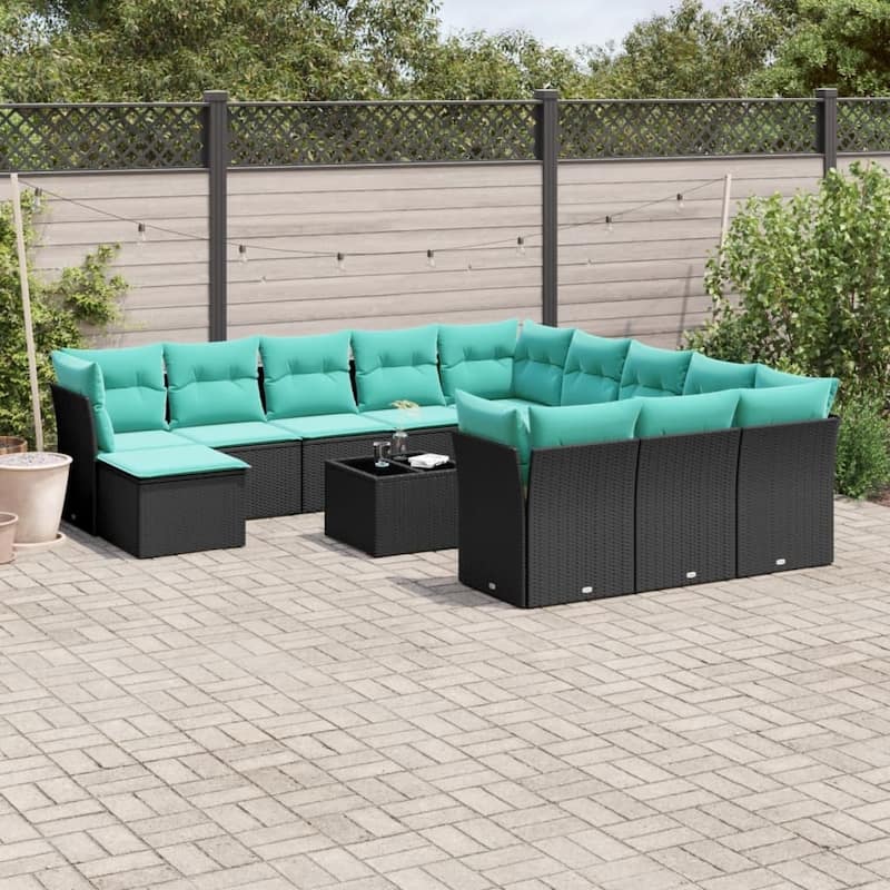 vidaXL 12 Piece Patio Sofa Set with Cushions Black Poly Rattan - 24.4x27.2x24.4-With table
