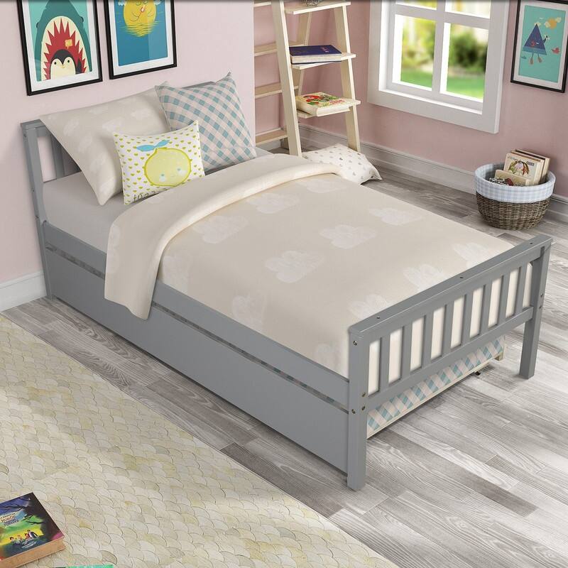 Twin Size Platform Bed with Trundle, No Box Spring Needed
