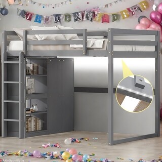 Wood Full Size Loft Bed with Built-in Wardrobe, Storage Shelves, and LED Light