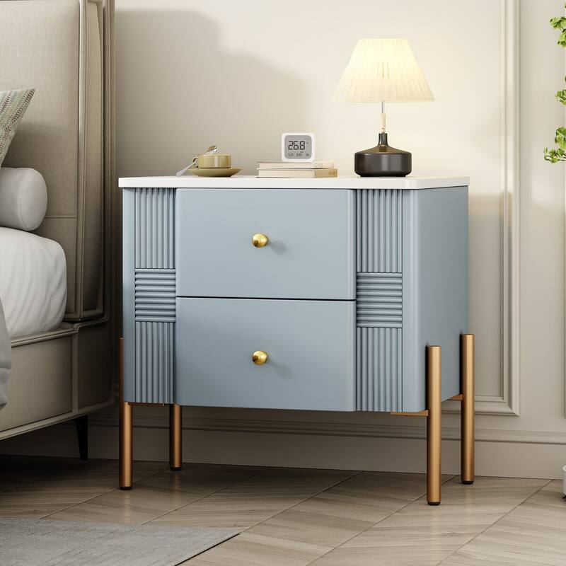 Modern 2-Drawer Fluted Nightstand - Golden Metal Handles/Legs, Easy Assembly Bedside/End Table (Blue)